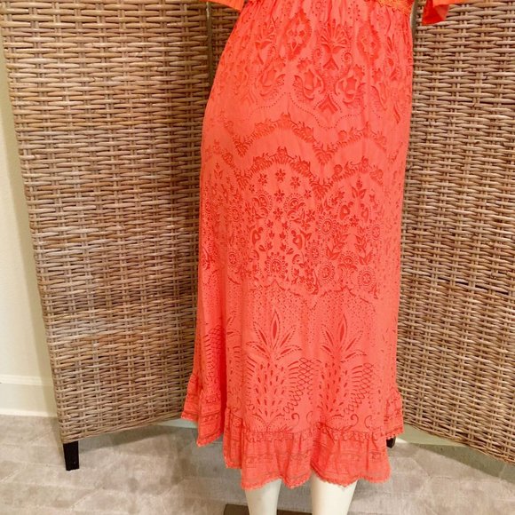 Anthropologie Farm Rio Devore Lace Pink and Orange Maxi Dress V-Neck Small - Picture 7 of 10